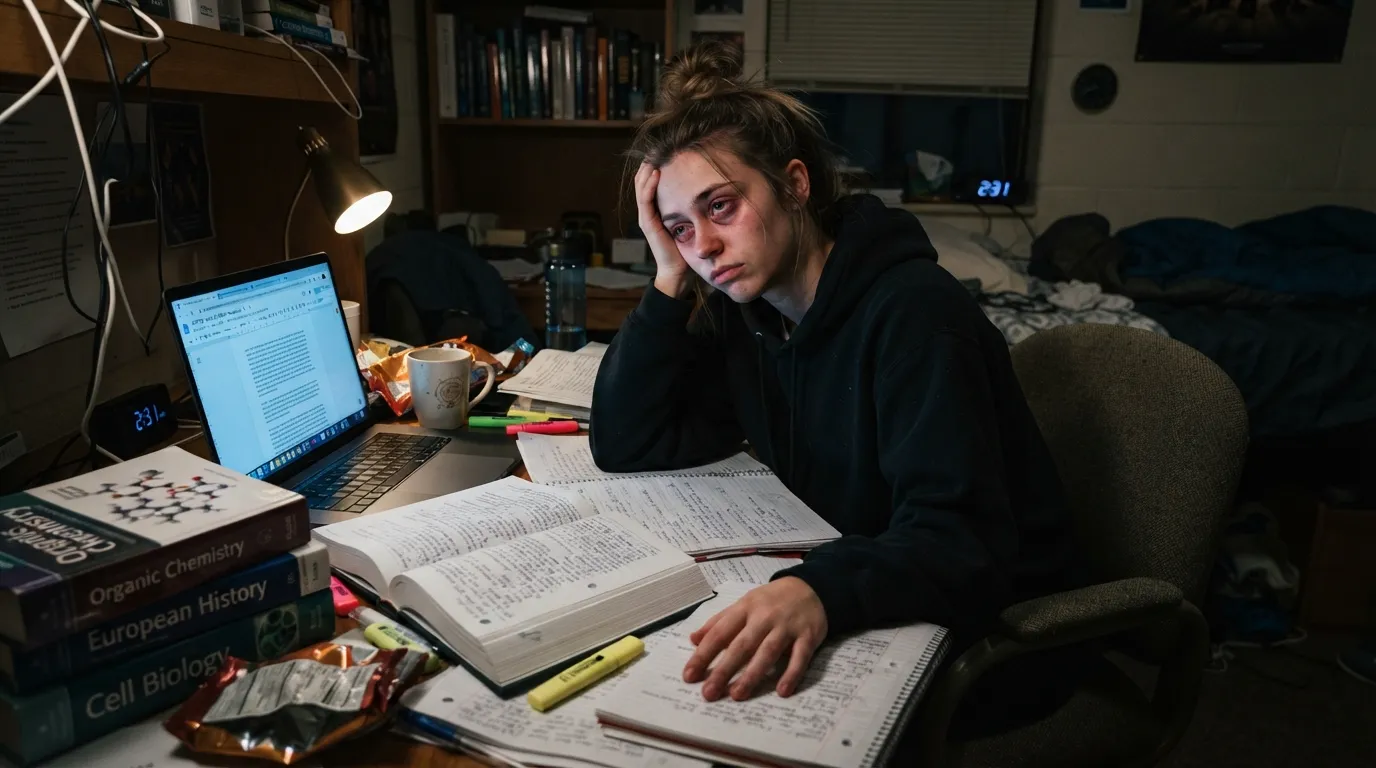 A college student feeling overwhelmed at a desk with textbooks, representing the emotional friction and mindset hurdles behind study struggles rather than poor technique.
