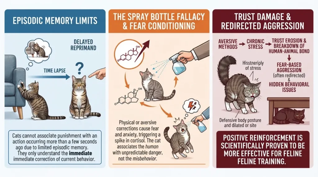An infographic illustrating why punishment fails with cats, showing how delayed cause-and-effect memory gaps and fear conditioning prevent cats from connecting human discipline to past actions.
