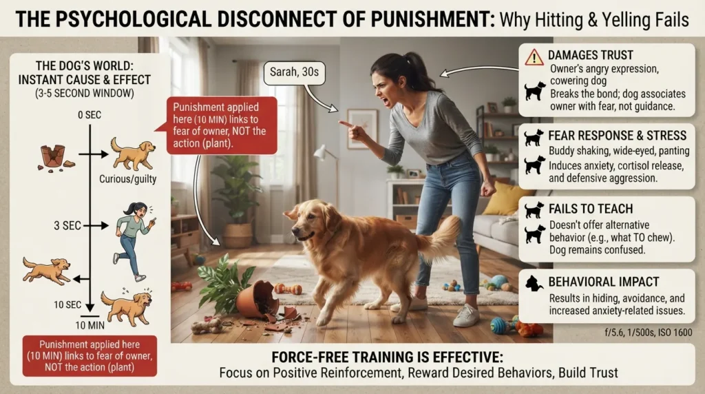 Owner leaning away from a confused dog showing that traditional punishment and delayed scolding fail to teach canine behavior