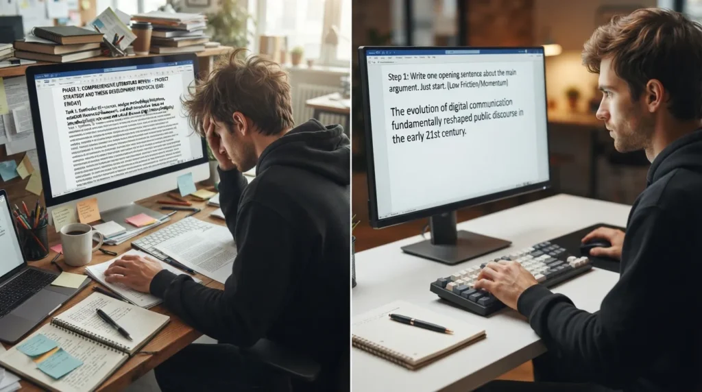 Split-screen photo showing a person overwhelmed by a laptop screen displaying a vague work document on one side, and a close-up of a single blank document on the screen on the other side representing a micro-action.