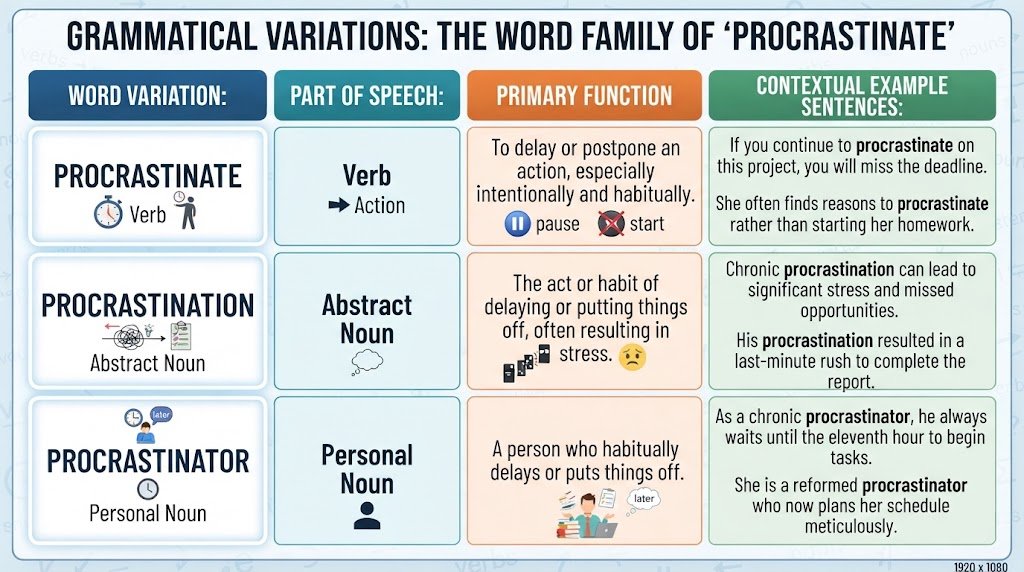 A comprehensive infographic illustrating the word family, parts of speech, and grammatical forms of procrastinate, procrastination, and procrastinator.