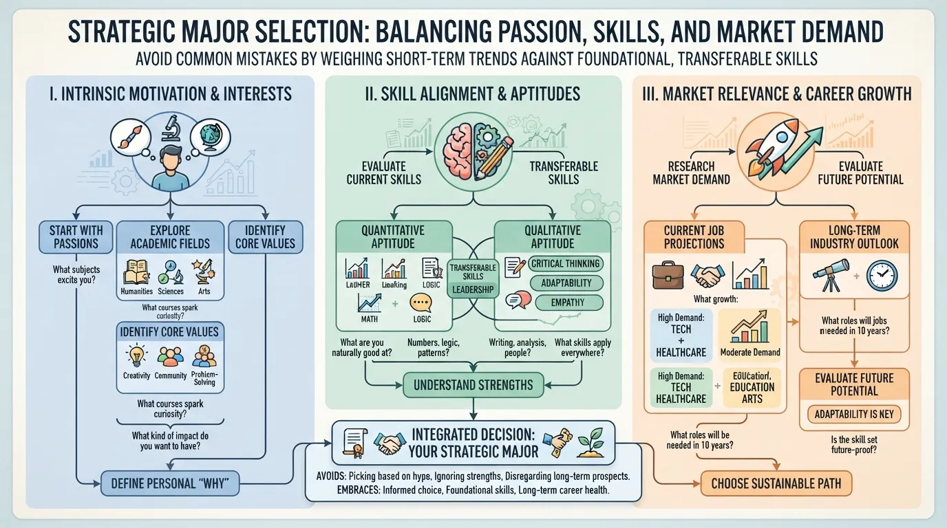 Infographic chart outlining the steps to choose the right academic discipline based on career goals, interests, and market demand.