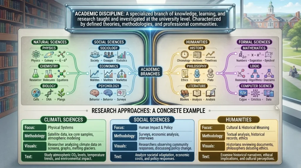 Infographic illustrating the definition, branches, and examples of academic disciplines such as humanities, sciences, and social sciences.