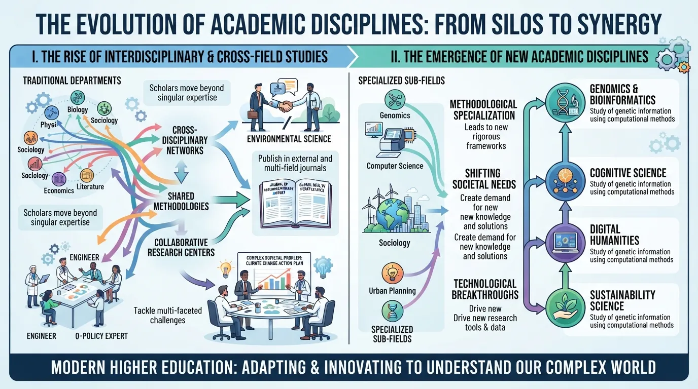 Infographic illustrating the evolution of academic disciplines through interdisciplinary research and cross-field collaboration trends.