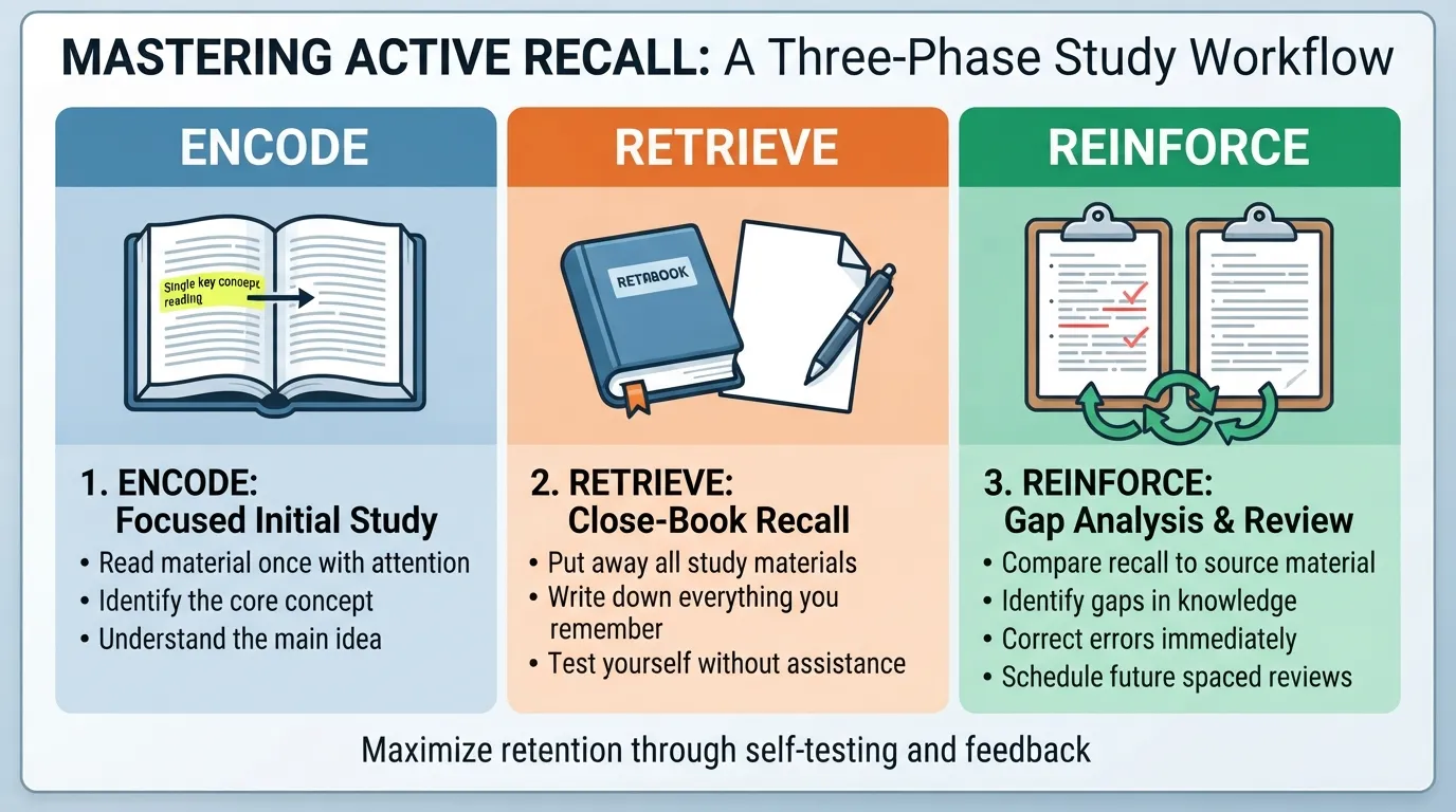 Infographic illustrating the 3 step active recall study method showing encode, retrieve, and reinforce phases for effective learning.