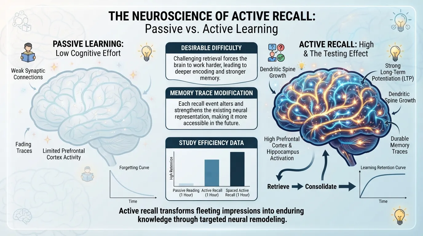 Infographic illustrating the science behind active recall, showing how the testing effect and desirable difficulty strengthen neural connections in the brain for long-term memory retention.