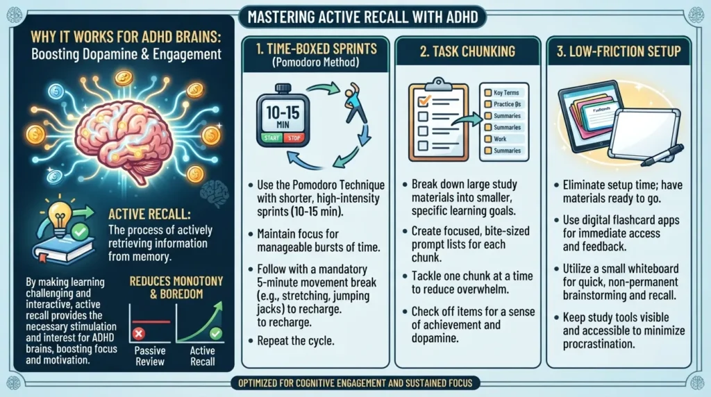 Infographic illustrating how active recall study techniques help learners with ADHD through short study sessions and active engagement.