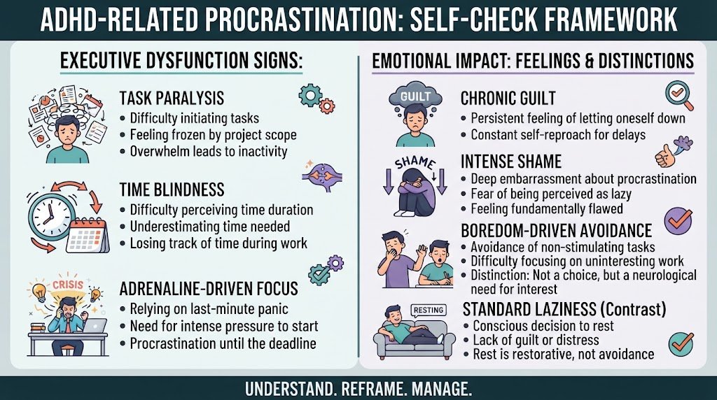A comprehensive checklist infographic illustrating key signs to help identify whether chronic task avoidance and procrastination may be related to ADHD.