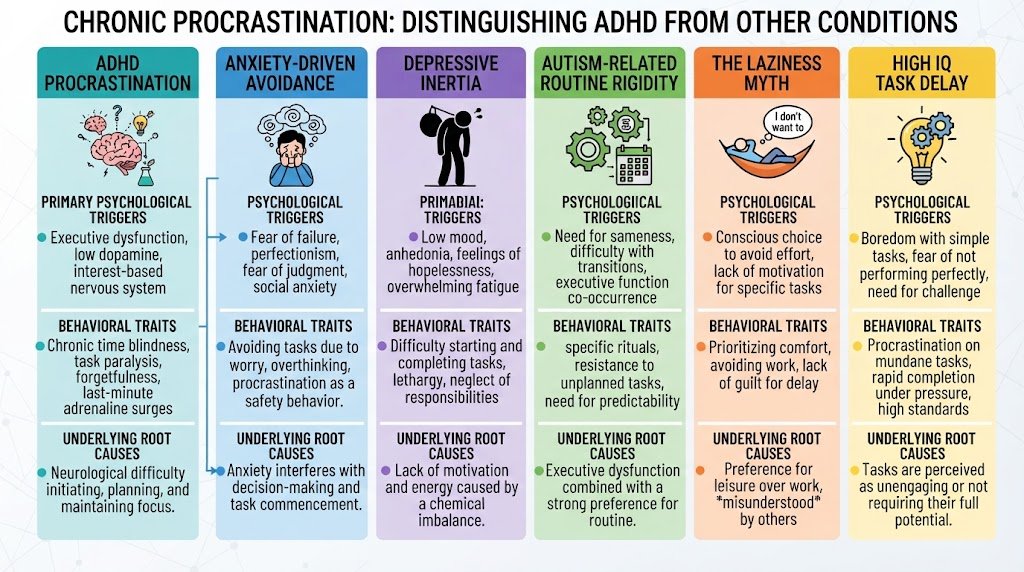 Infographic comparing ADHD procrastination with anxiety, depression, autism, laziness, and high IQ to highlight differences in task avoidance.