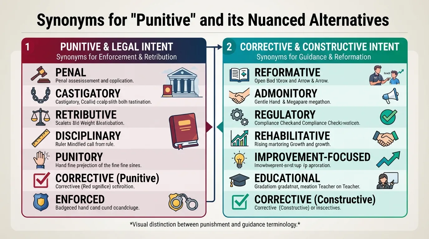 A comprehensive visual guide showcasing top synonyms, meanings, and phrases for the word disciplinary, including punitive and corrective terms.