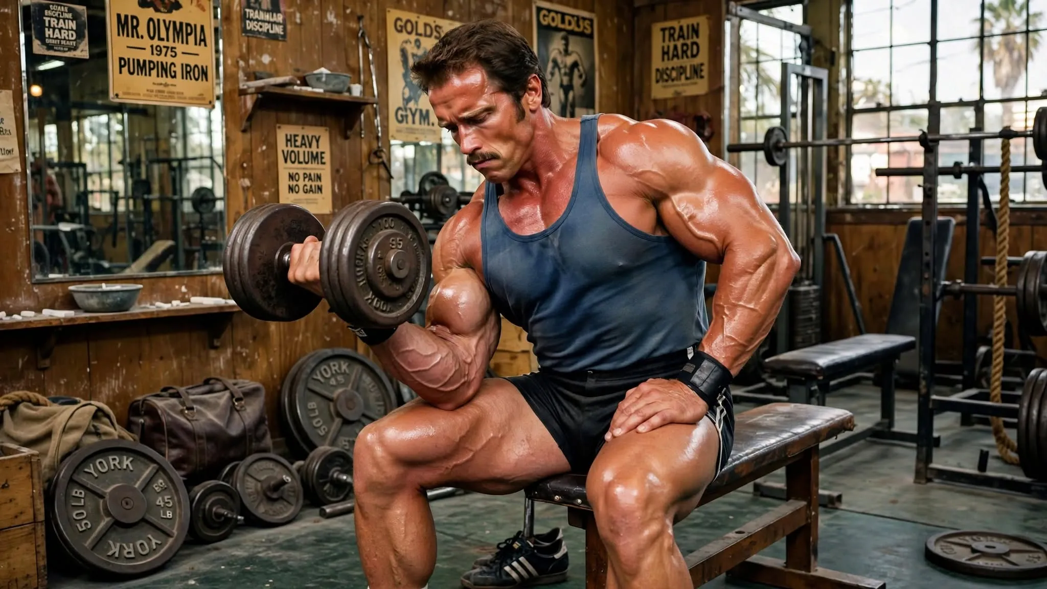 Arnold Schwarzenegger performing a classic bodybuilding dumbbell workout to demonstrate the training intensity and exercise form of fitness icons.