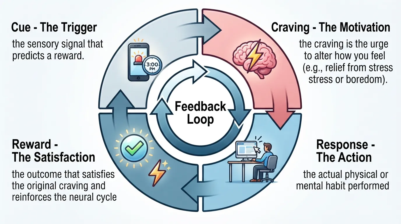 Infographic diagram illustrating the four steps of the Atomic Habits loop—Cue, Craving, Response, and Reward—with everyday real-life examples for each stage.