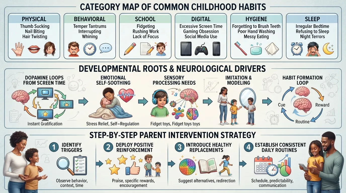 Infographic comparing common bad habits in children, their underlying causes, and a step-by-step framework for breaking them.