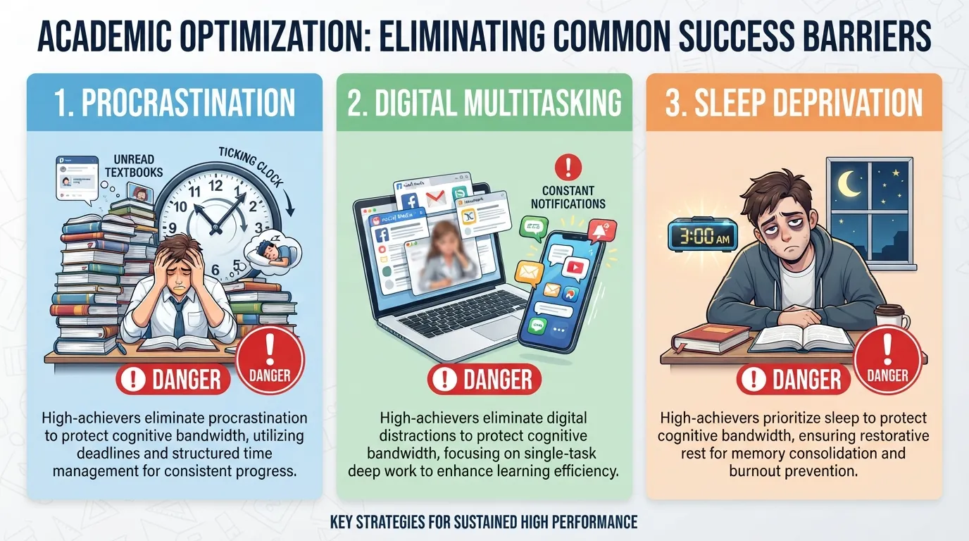A visual comparison guide outlining counterproductive academic behaviors like multitasking, cramming, and sleep deprivation that successful students avoid.