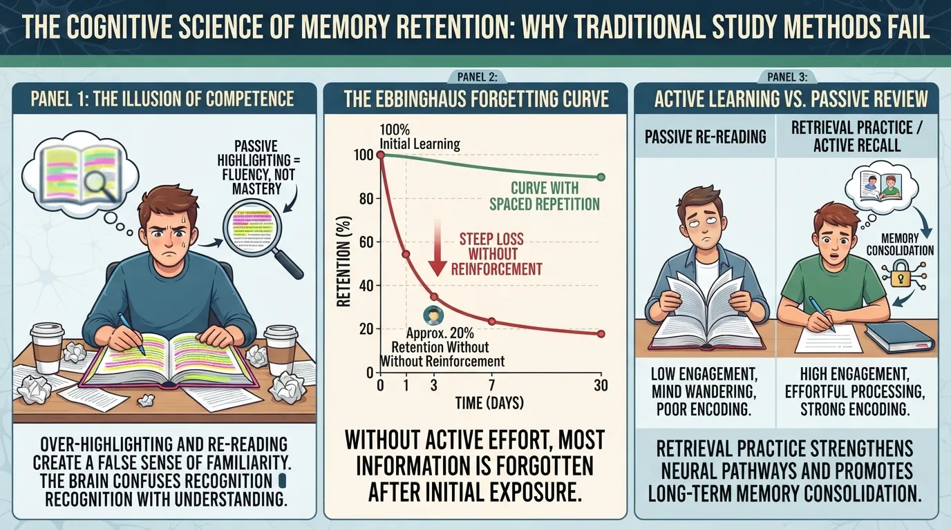 Infographic illustrating the cognitive science behind bad study habits, the forgetting curve, and active recall versus passive re-reading.