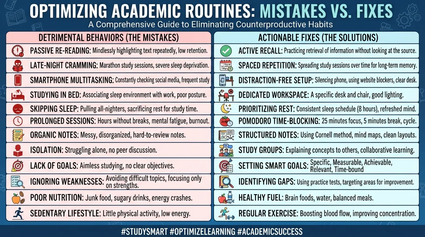 Comprehensive visual list comparing bad study habits like passive reading, multitasking, and cramming with effective solutions.