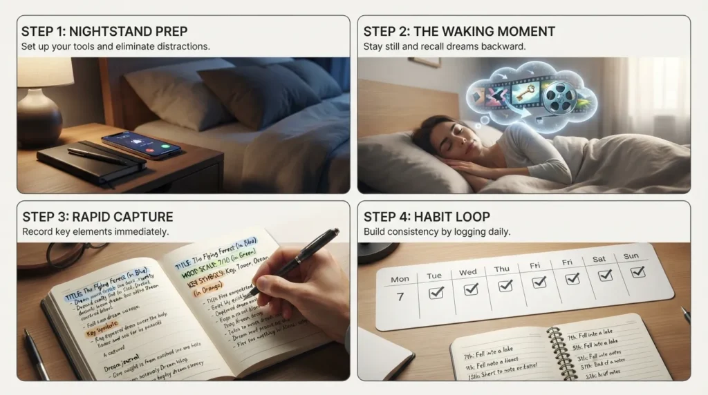 A step-by-step beginner's guide to dream journaling showing a notebook on a bedside table, a pencil, and key steps for dream recall.