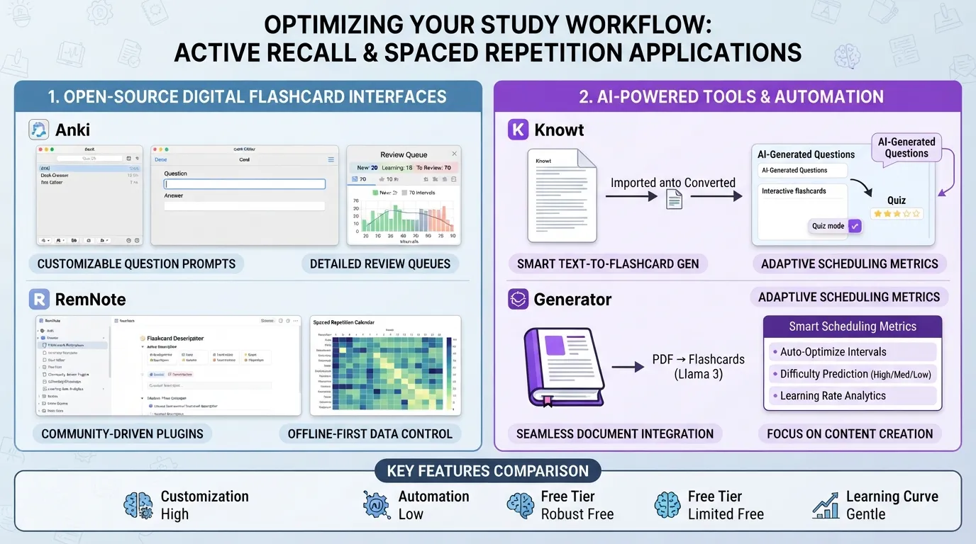 Dashboard interface showcasing top active recall apps and AI study tools with digital flashcards and spaced repetition schedules