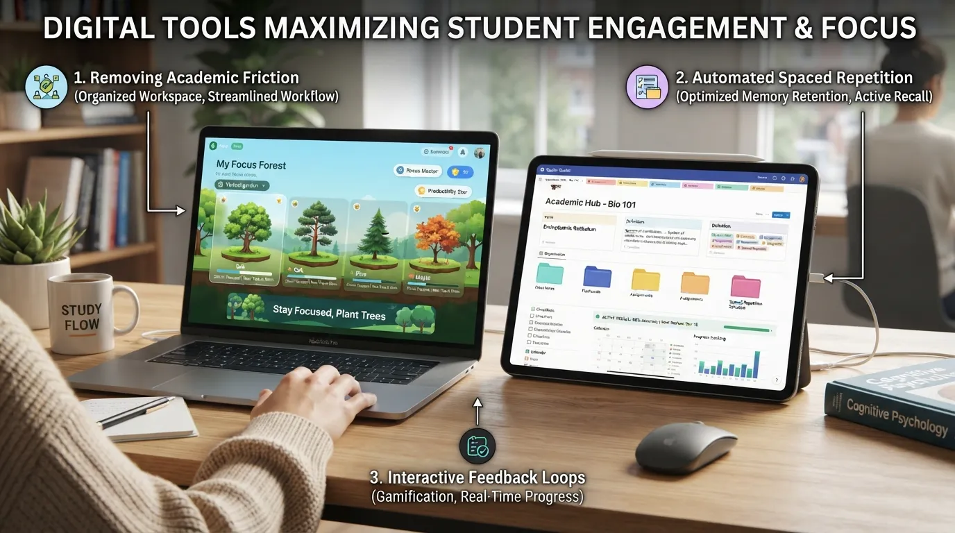 A student using gamified study apps, digital flashcards, and organization tools on a laptop and tablet to make learning fun and engaging.