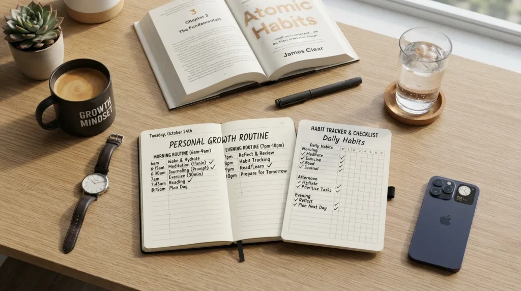 An organized desk setup showing a daily planner, a healthy routine checklist, and a book on neuroscience, illustrating science-backed habits for personal growth.