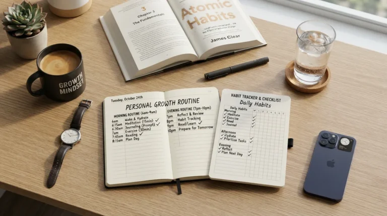 An organized desk setup showing a daily planner, a healthy routine checklist, and a book on neuroscience, illustrating science-backed habits for personal growth.