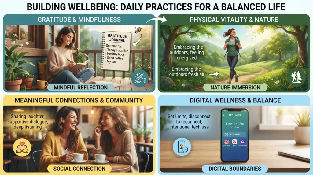 Infographic illustrating daily habits for happiness and wellbeing, including gratitude journaling, outdoor nature walks, and social connection.
