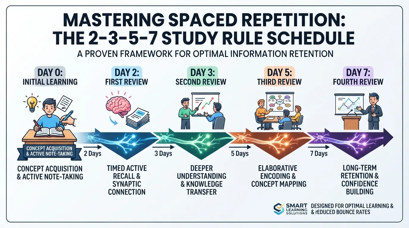 Infographic showing the 2-3-5-7 study rule schedule with spaced repetition intervals on a clean timeline layout.