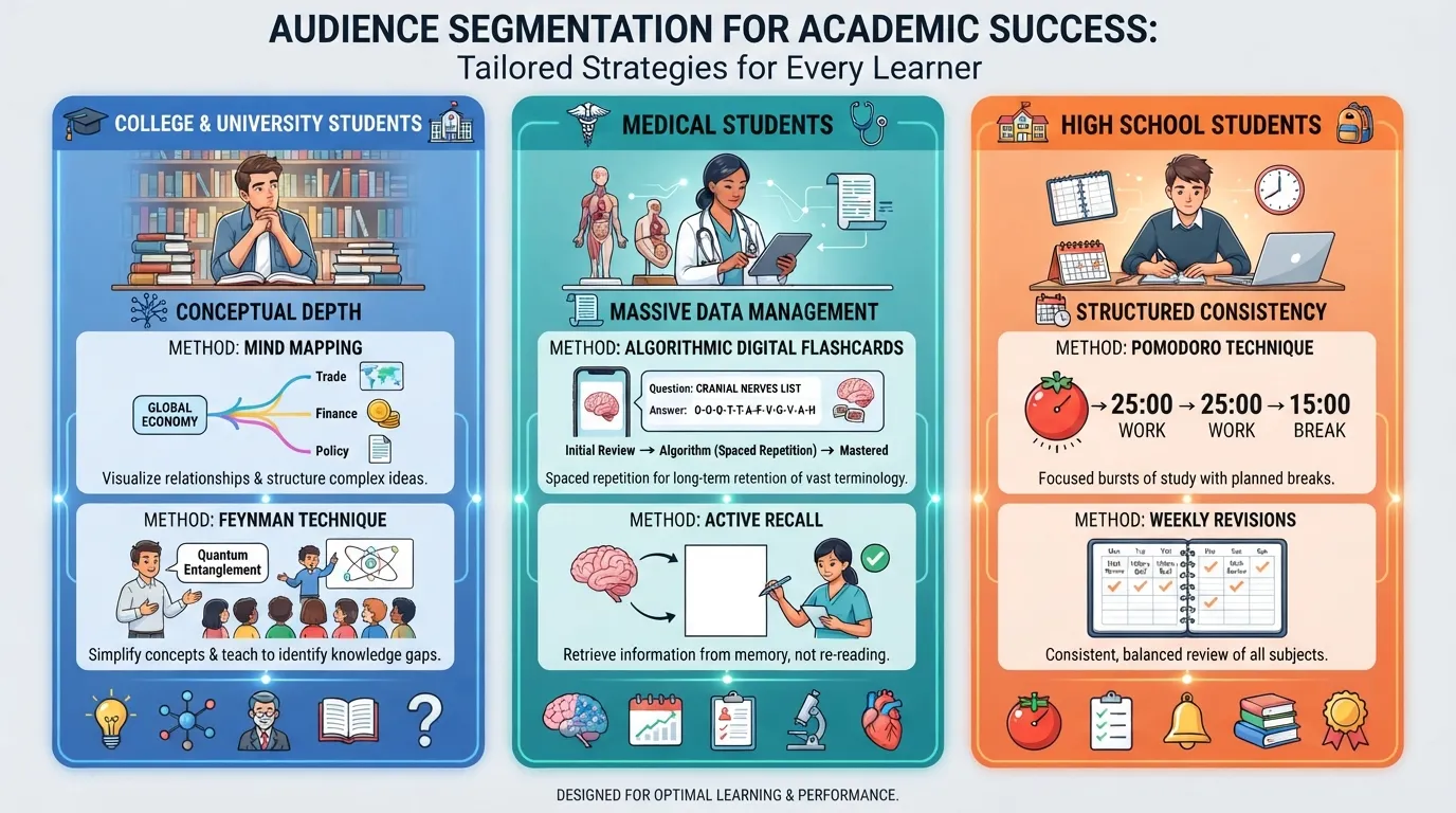 Infographic comparing best study methods for college, medical, and high school student types to optimize academic performance.