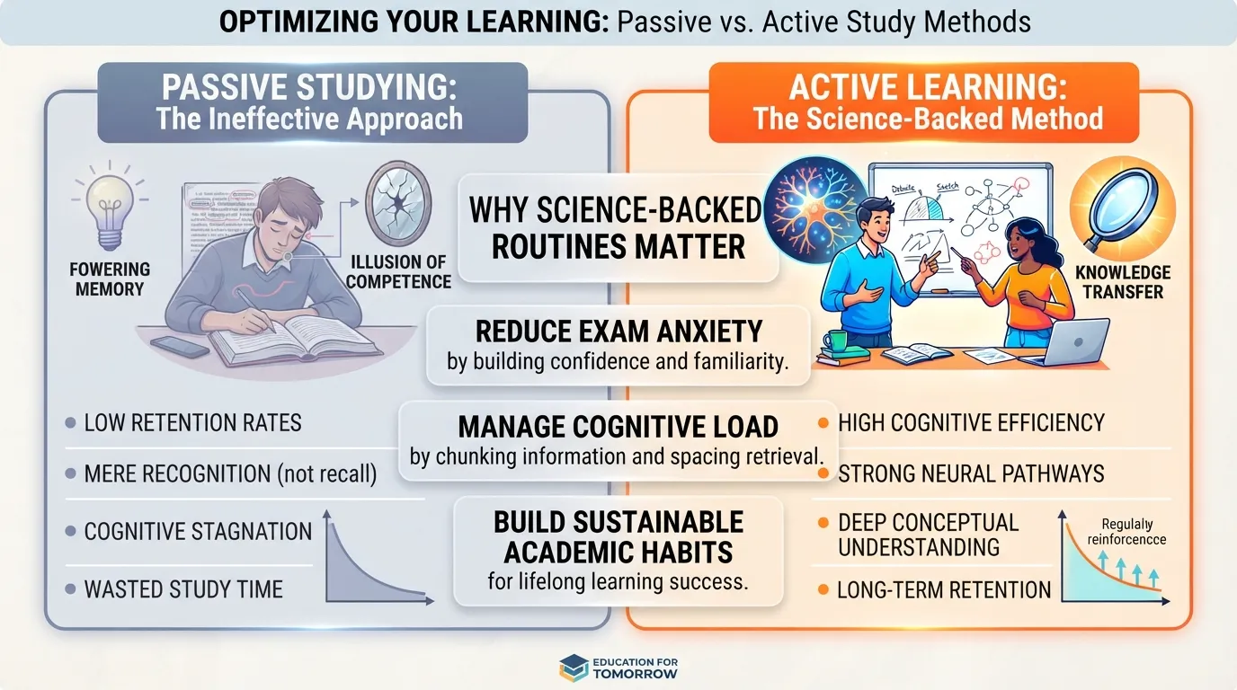 An infographic illustrating the definition of study methods, comparing cognitive efficiency, active learning strategies, and knowledge retention.