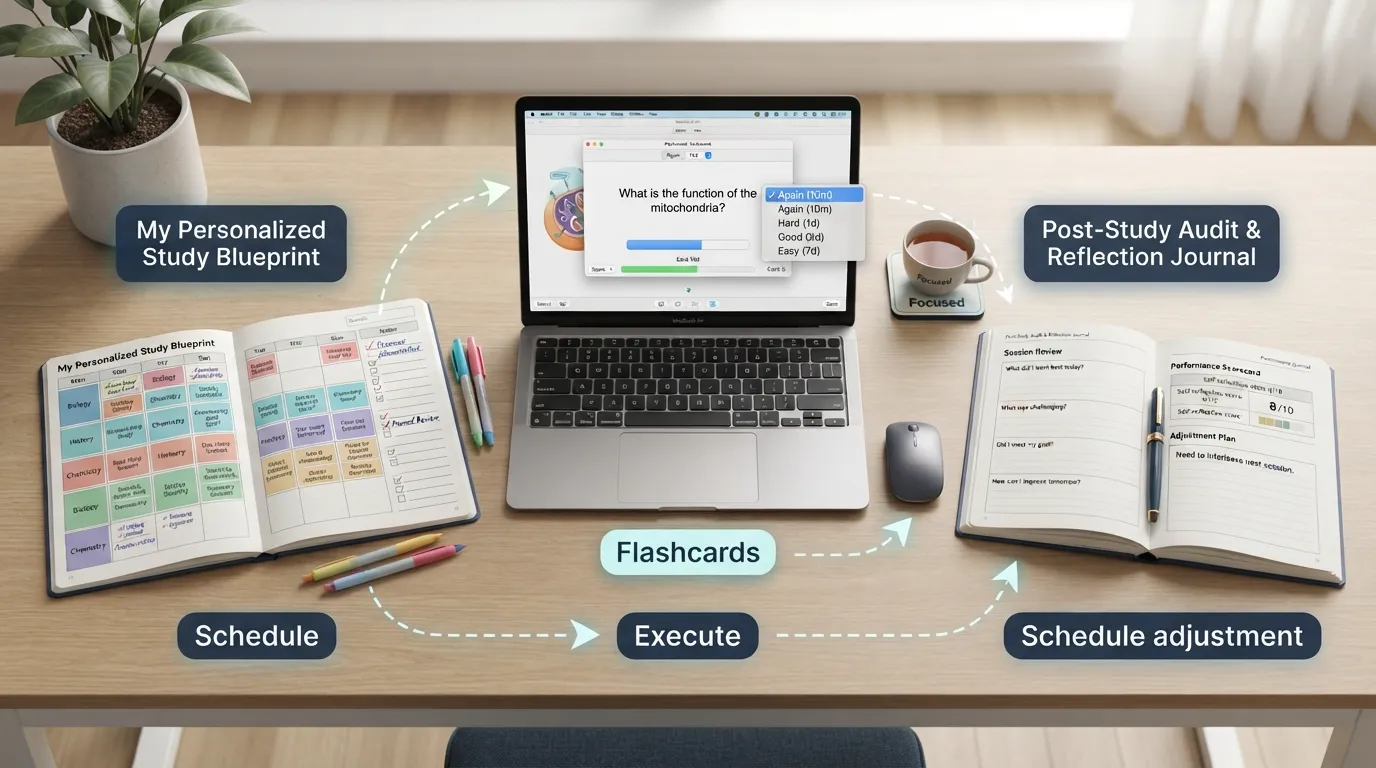 A student creating a personalized study system combining active recall, spaced repetition, and a weekly schedule on a desk.