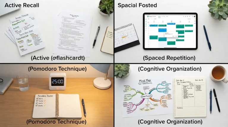 An organized study desk showing a laptop, flashcards, active recall notes, and a structured study planner illustrating science-backed learning methods.