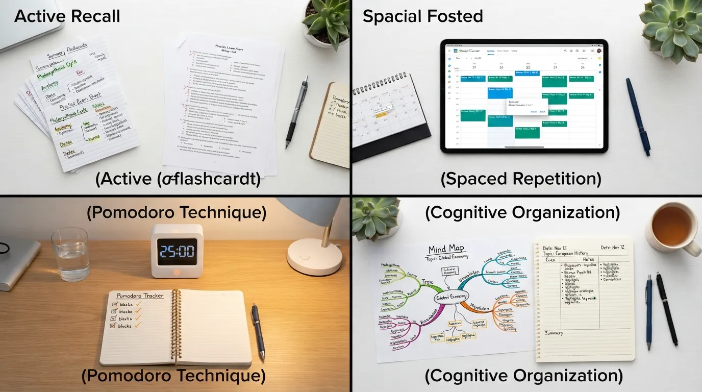 An organized study desk showing a laptop, flashcards, active recall notes, and a structured study planner illustrating science-backed learning methods.