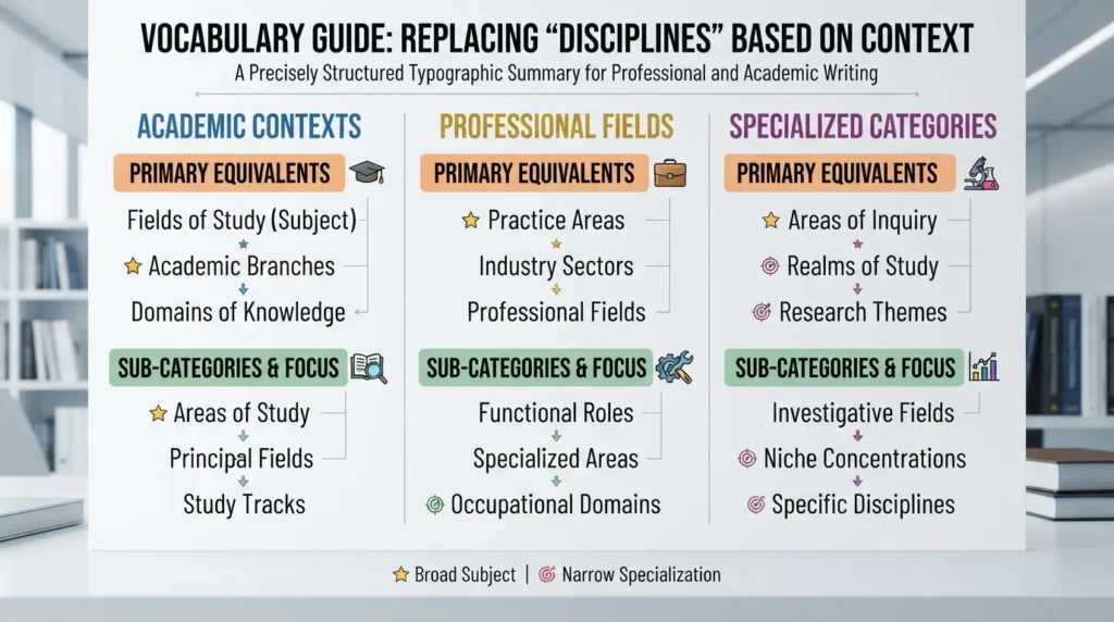 A comparison chart showing academic and professional synonyms for disciplines in formal writing, such as fields of study, domains, and branches.