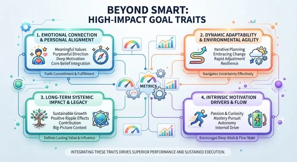 Infographic illustrating additional traits of high-impact goals beyond the SMART framework, highlighting attributes like adaptability, purpose alignment, and emotional resonance.
