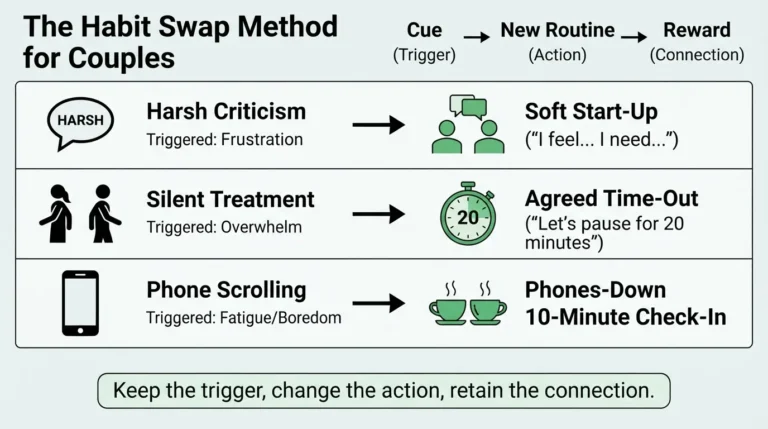 A step-by-step infographic showing the four-stage cycle to stop anxious habits: Map It, Interrupt It, Replace It, and Stay Curious, breaking the trigger-habit-relief loop.