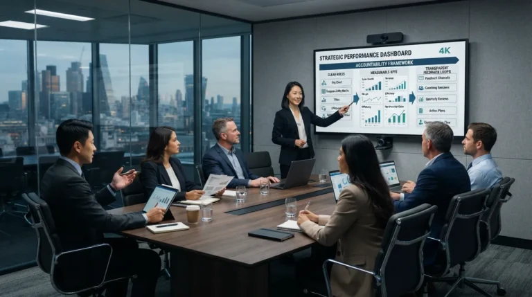 Professional business team collaborating in a modern corporate boardroom to discuss corporate governance, performance metrics, and ownership strategies.