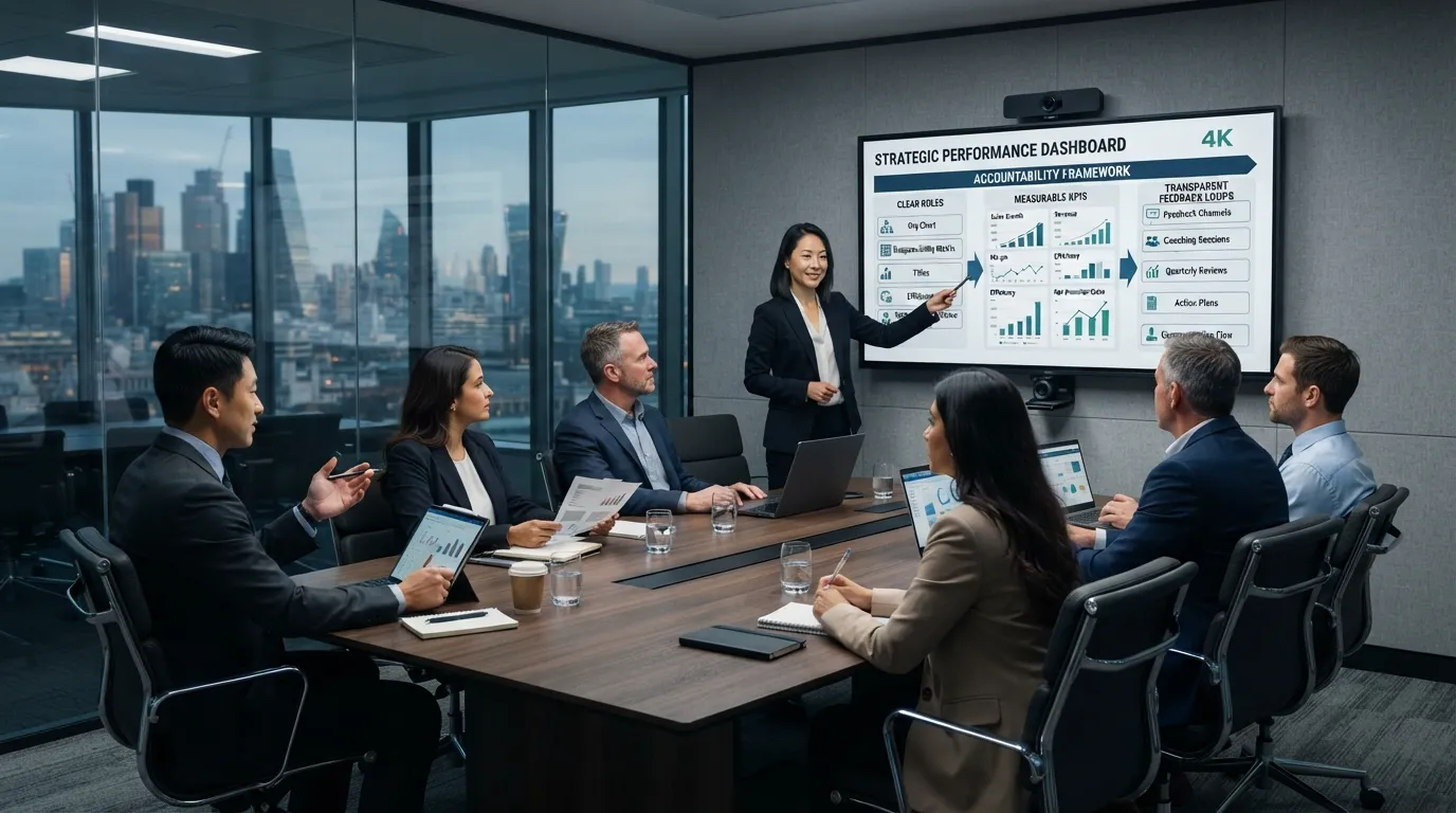 Professional business team collaborating in a modern corporate boardroom to discuss corporate governance, performance metrics, and ownership strategies.