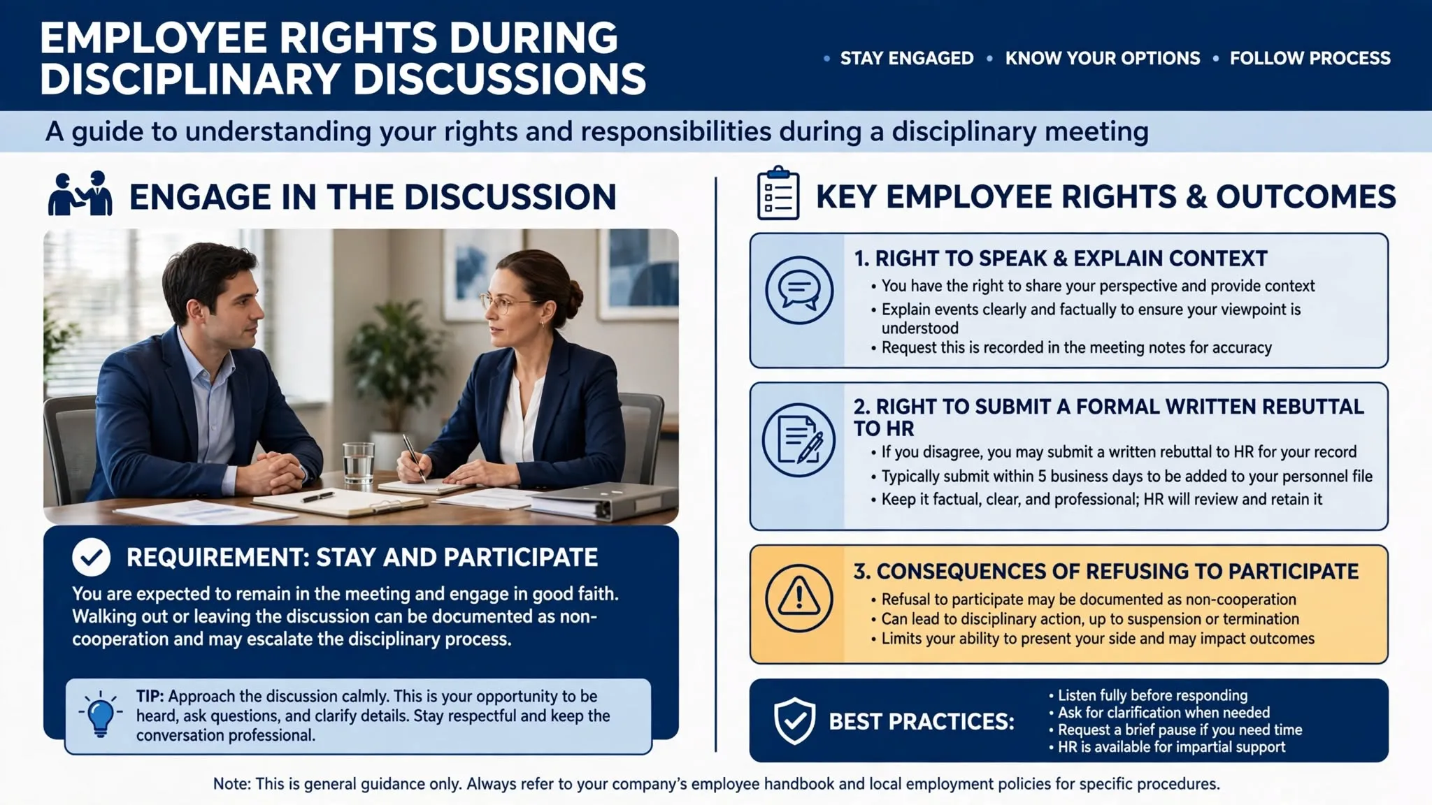 An employee and manager discussing disciplinary actions in a private office, illustrating employee rights regarding a verbal warning.