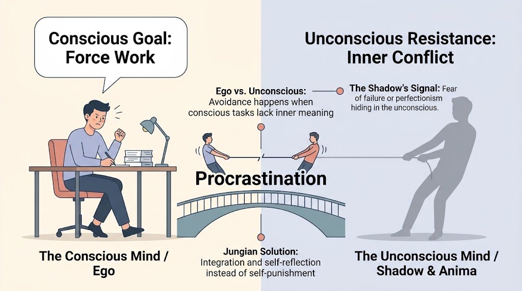 A comprehensive psychological diagram mapping Carl Jung's perspective on procrastination, showing the conscious ego's goals colliding with unconscious fear, shadow traits, and perfectionism.