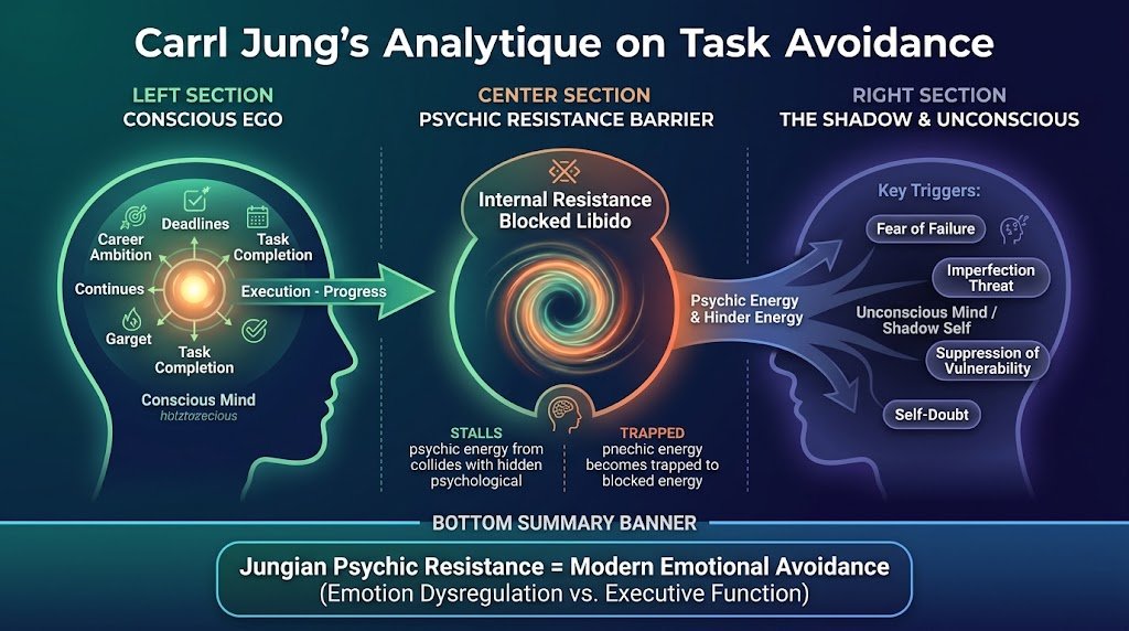 Conceptual psychology diagram illustrating Carl Jung's theory on procrastination as unconscious resistance, showing the tension between conscious ego goals, shadow self fear, and blocked psychic energy.
