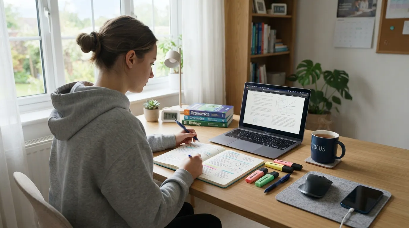 A cozy, organized study desk setup next to a sunlit window with colorful highlighters, notebook, and a cup of coffee to change study environment.