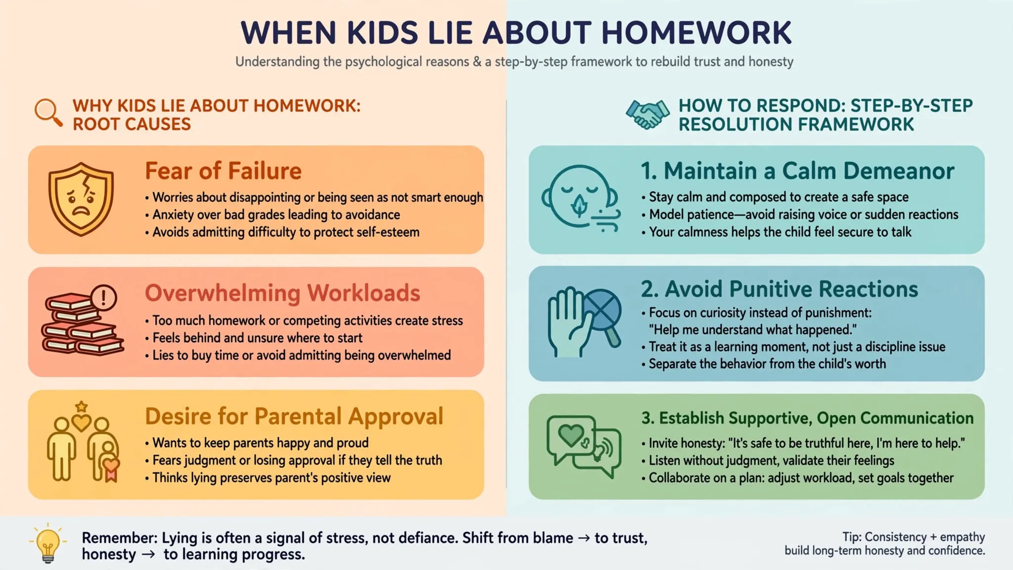 A concerned parent talking to a young child sitting at a desk with books, visually representing the moment a child lies about homework.
