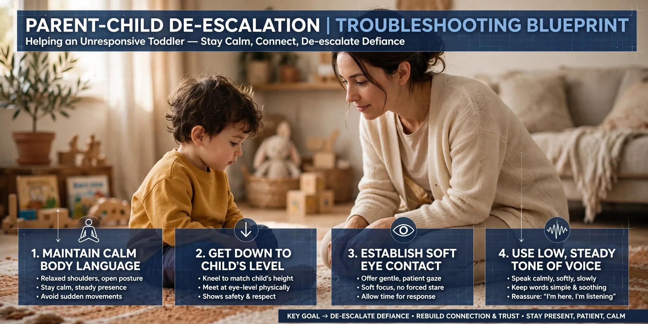 A concerned parent talking calmly to a young child sitting on the floor, representing a troubleshooting guide for when children won't listen.