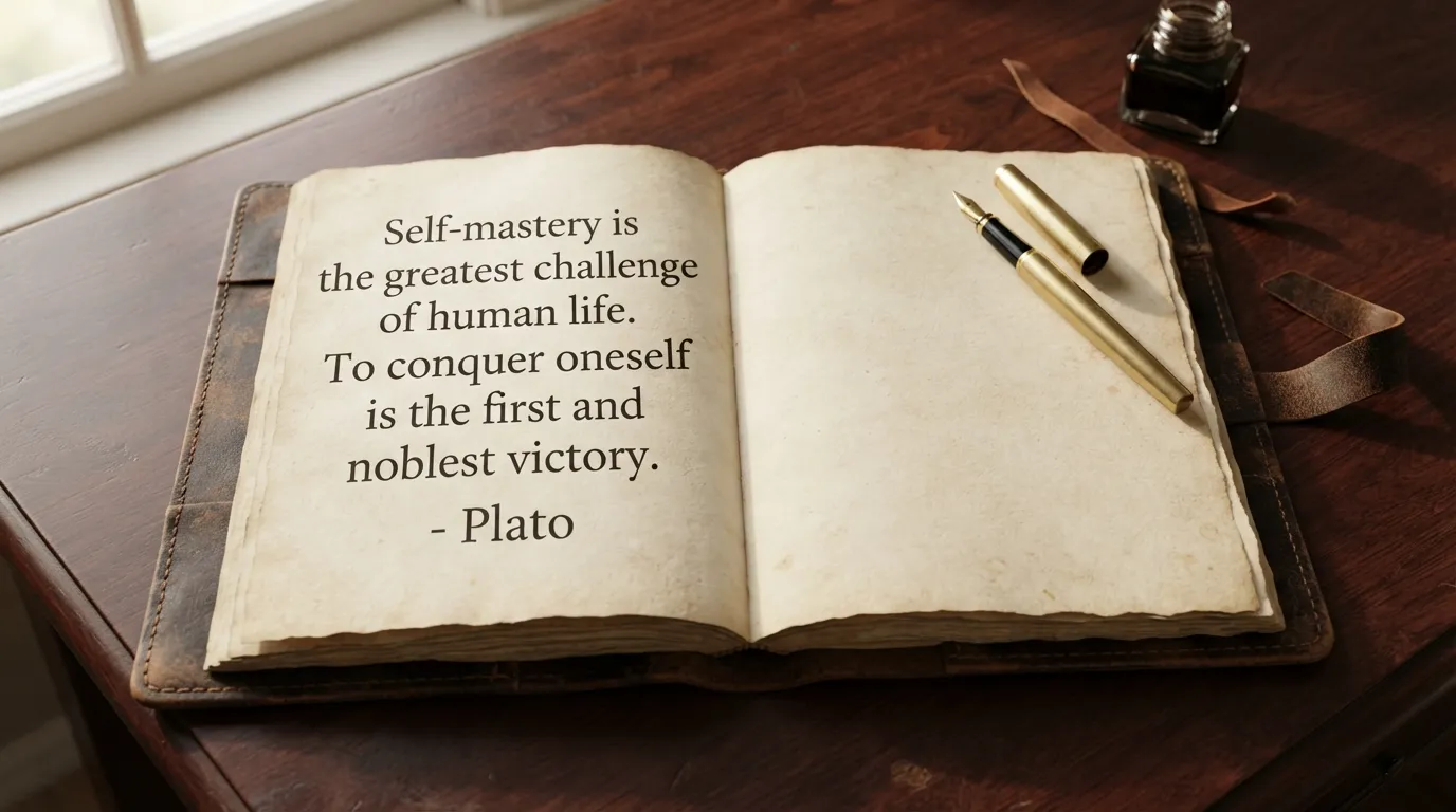 An open vintage leather-bound book resting on a dark wooden desk next to a classic fountain pen, displaying inspiring quotes about discipline.