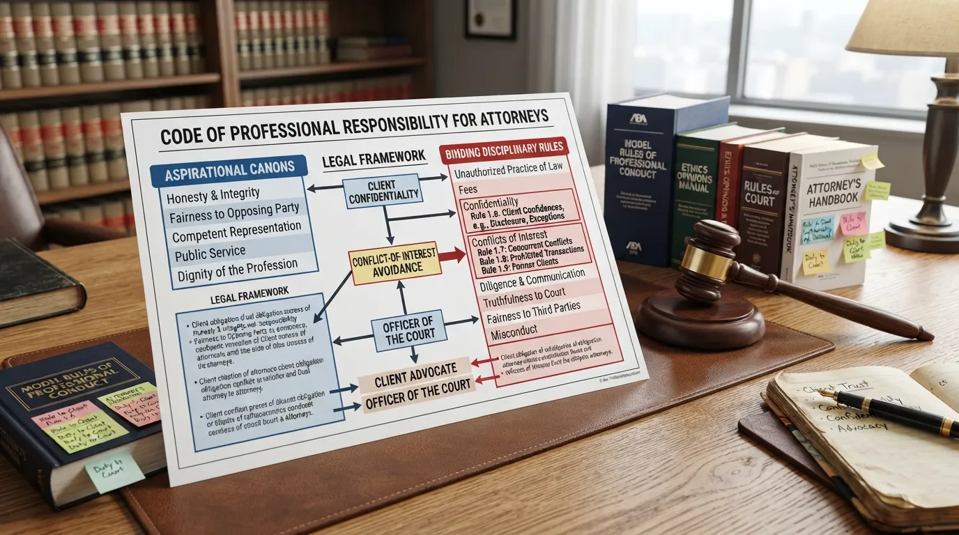 A detailed infographic and legal documents representing the code of professional responsibility for attorneys and court officers.