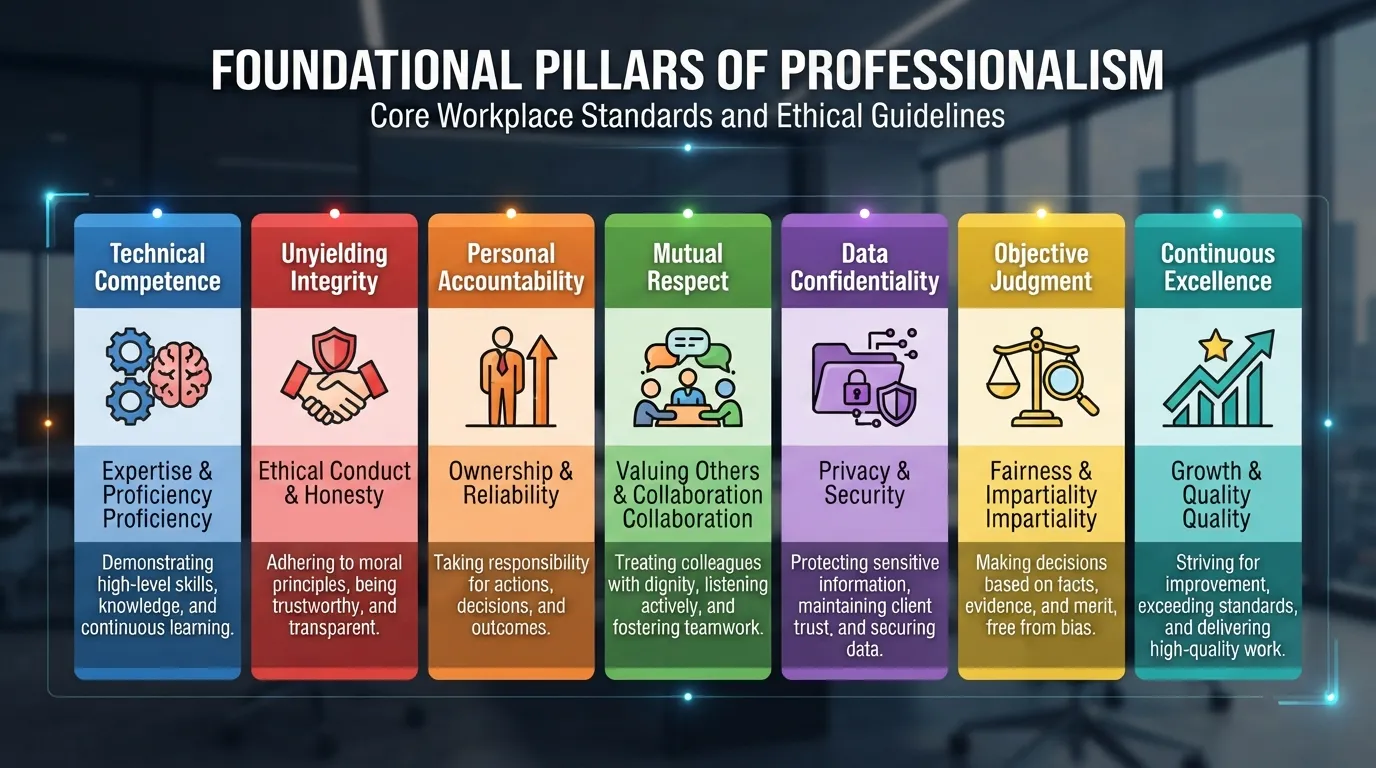 A structured infographic illustrating the core principles of professionalism including competence, integrity, accountability, respect, and confidentiality.
