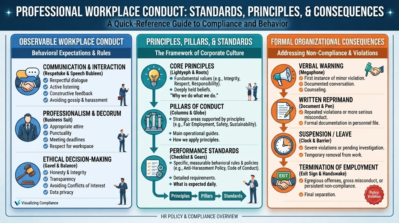 A clean, professional infographic detailing the standards of professional behavior in the workplace, including behavioral expectations, HR policies, and disciplinary frameworks.