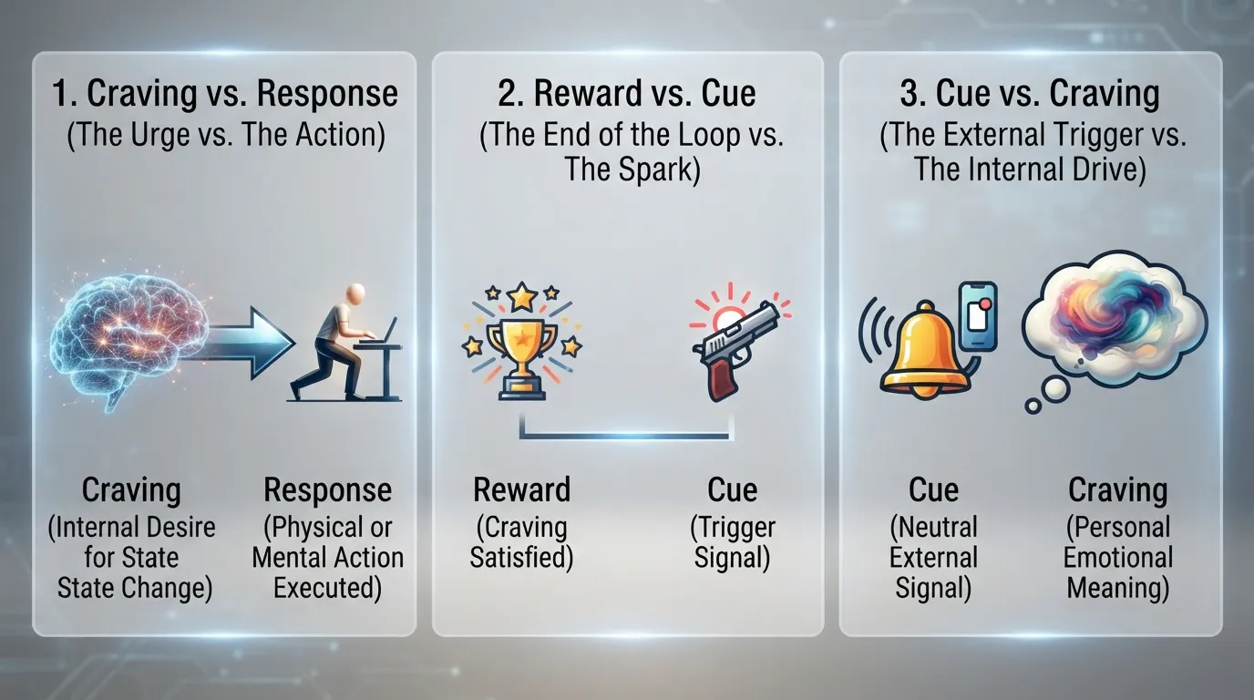 Infographic diagram clarifying common confusions in the habit loop by separating craving versus response, reward versus cue, and cue versus craving.