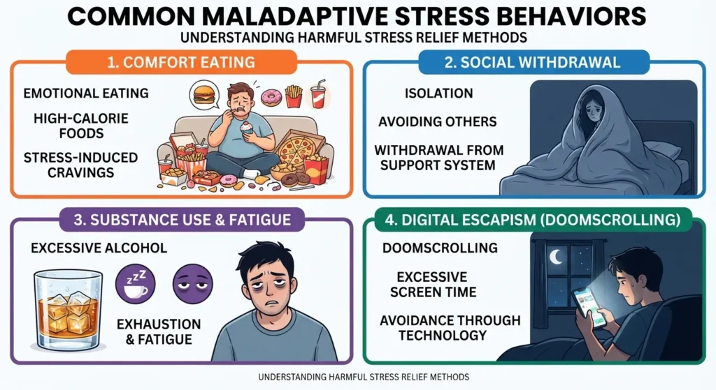 An infographic illustrating unhealthy coping mechanisms for stress, including overeating, alcohol consumption, social withdrawal, and excessive screen time.