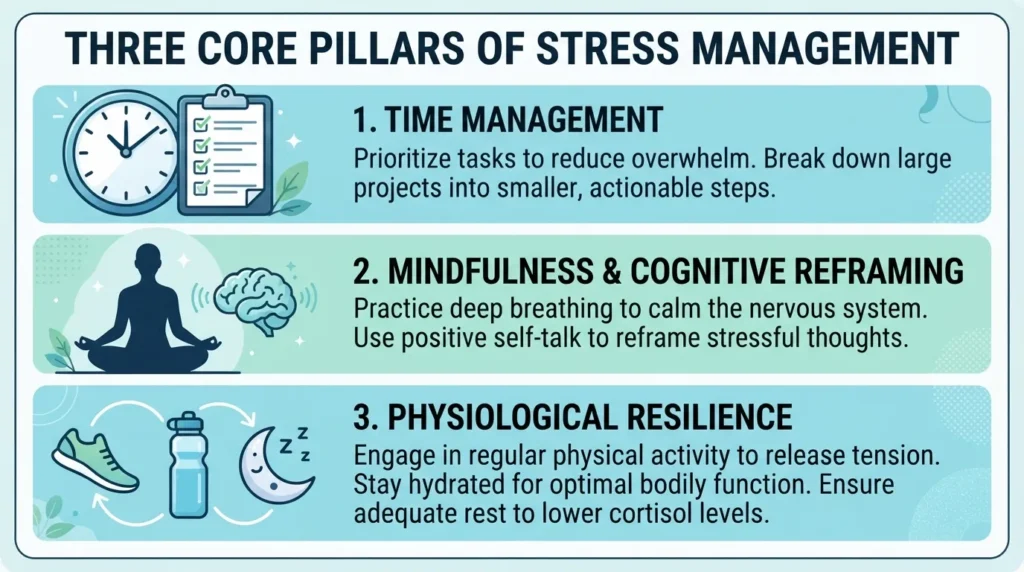 Infographic illustrating core strategies to handle stress and pressure, featuring icons and steps for time management, mindfulness, and physical wellness.